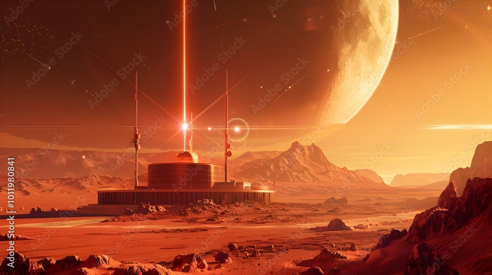 Poster high tech interplanetary communication center on the martian surface transmitting data to earth via 