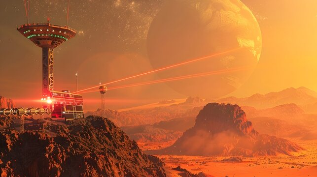 Futuristic Interplanetary Communication Hub Transmitting Data From Mars to Earth