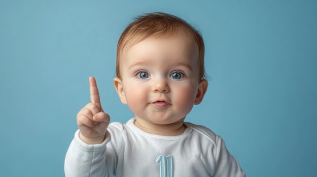 A cute baby boy is raising his hand to make the number one sign with his finger in front of him