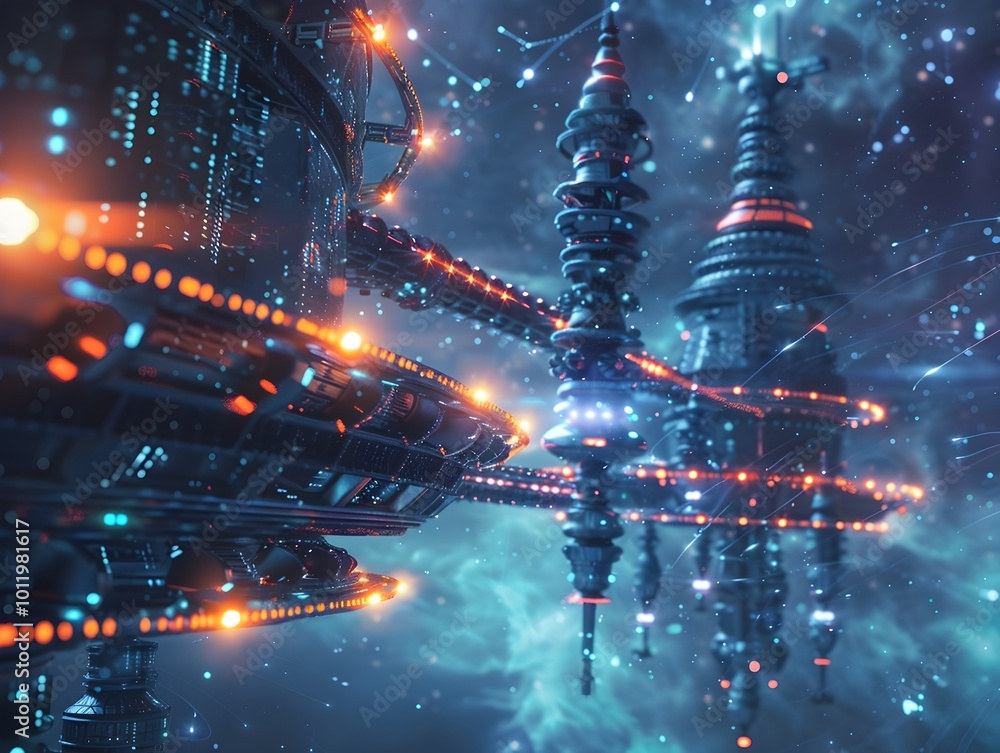Poster futuristic interstellar communication hub with glowing arrays of antennas and data streams