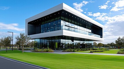 Fototapeta premium A photostock image of a modern office building with sleek architecture and a glass facade