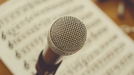 microphone positioned on a music stand, with sheet music in the background