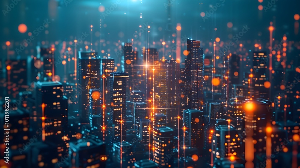Aufkleber interconnected futuristic quantum data cityscape illuminated by glowing digital streams