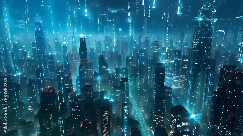 Poster futuristic cityscape with glowing quantum data streams interconnecting structures