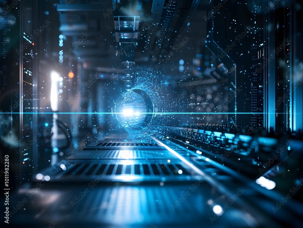 Poster quantum computing data processing in advanced high tech laboratory with entangling particles and ins