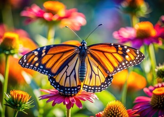 Naklejka premium Colorful butterfly perched on a vibrant flower in a sunny garden, showcasing nature's beauty