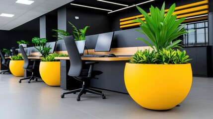 A photostock image of a modern workspace with sleek desks, computers, and minimalist decor