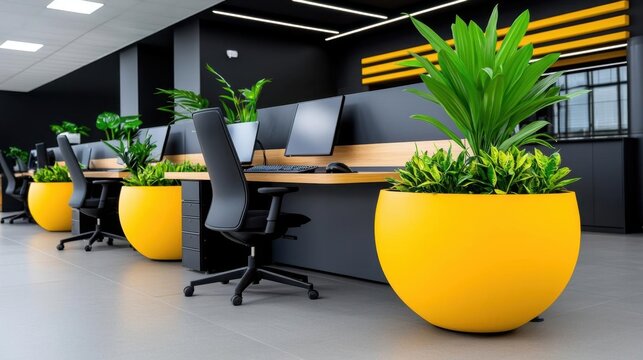 A photostock image of a modern workspace with sleek desks, computers, and minimalist decor