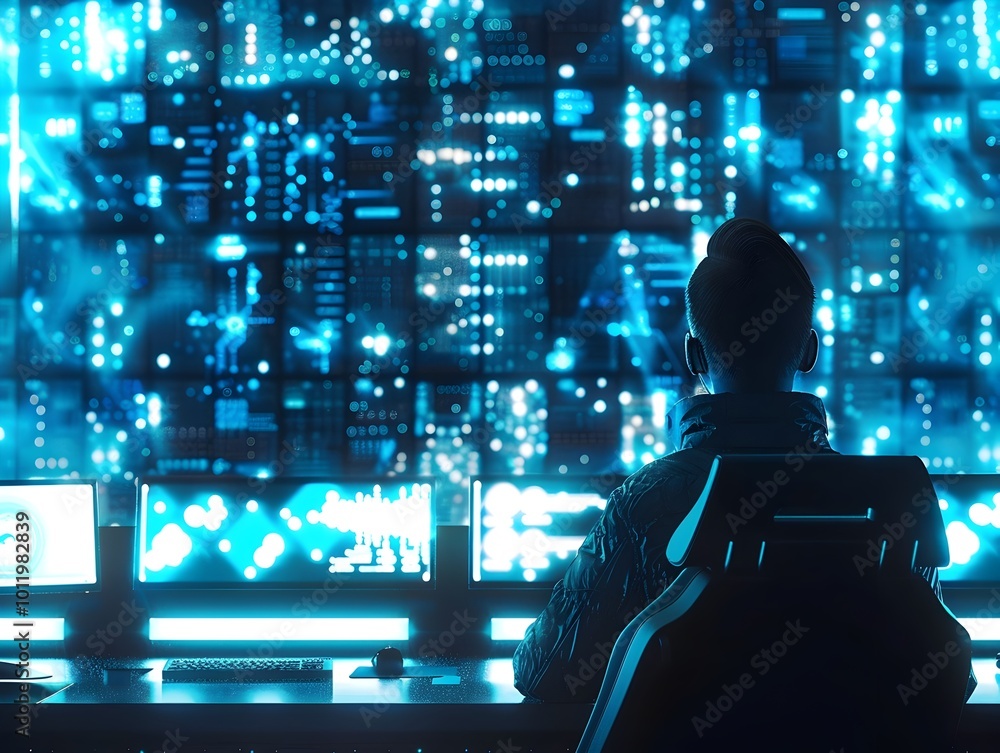 Poster cybersecurity expert monitoring quantum encrypted data streams in futuristic command center