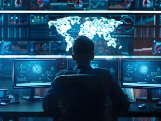 Cybersecurity Expert Monitoring Quantum Encrypted Data Streams in Futuristic Command Center