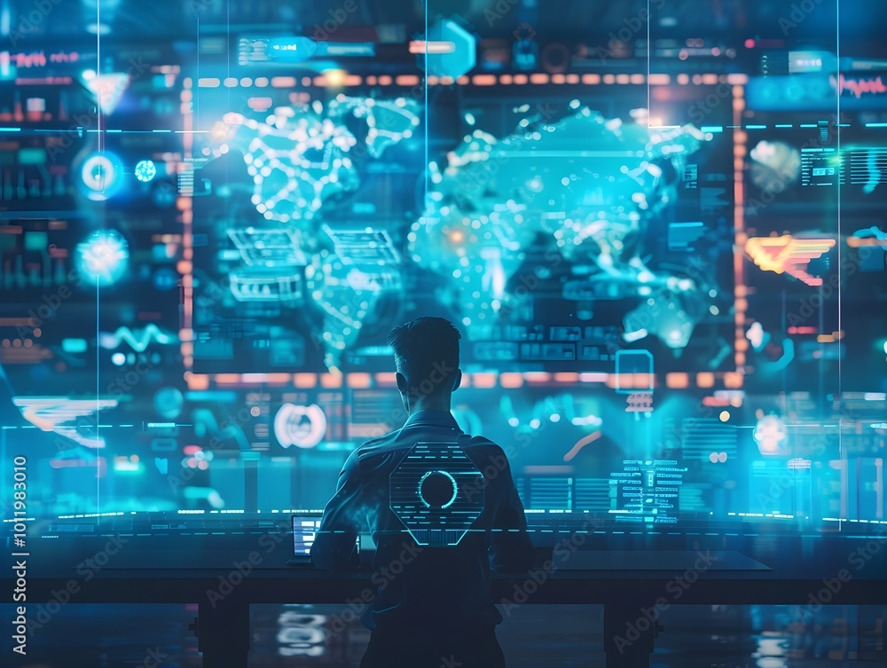 Poster cybersecurity expert monitoring quantum encrypted data streams in futuristic command center