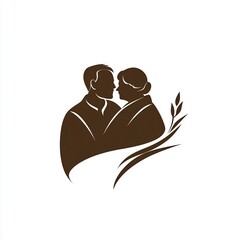A warm, stylized silhouette of an elderly couple wrapped in a comforting embrace, symbolizing care, love, and nurturing support with a nature element for a sense of growth and tranquility