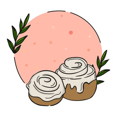 Delicious cinnamon rolls with creamy frosting on a pastel background with decorative leaves