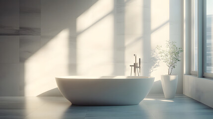 Interior with a modern bathtub in white tones with sunlight streaming in through the window.