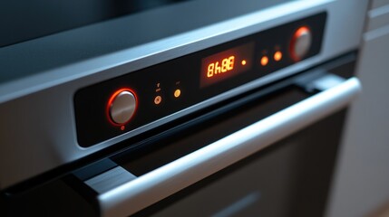 Close-up of a modern oven with a digital display and a silver handle.