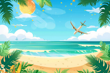 Fototapeta na wymiar A tropical beach scene with a plane flying over the ocean