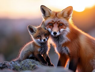 Fototapeta premium A mother fox and her kit share a touching moment, snuggling on a rocky terrain as the warm hues of sunset illuminate their fur with a golden glow.