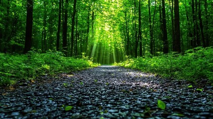 A photostock image of a peaceful forest trail with sunlight streaming through the leaves and birds chirping