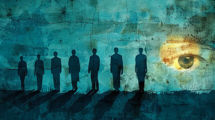 Silhouettes of victims with watchful eye symbolizing human rights truth
