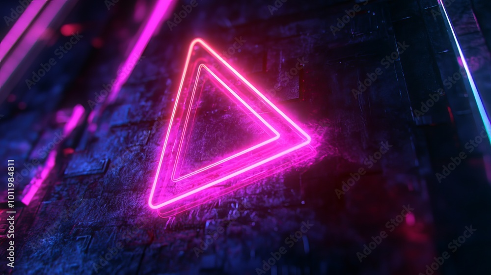 Poster neon play button on a black background signals the option to start viewing video or audio content. p