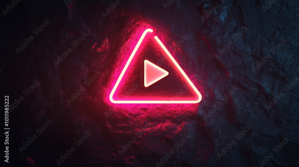 Poster neon play button on a black background signals the option to start viewing video or audio content. p
