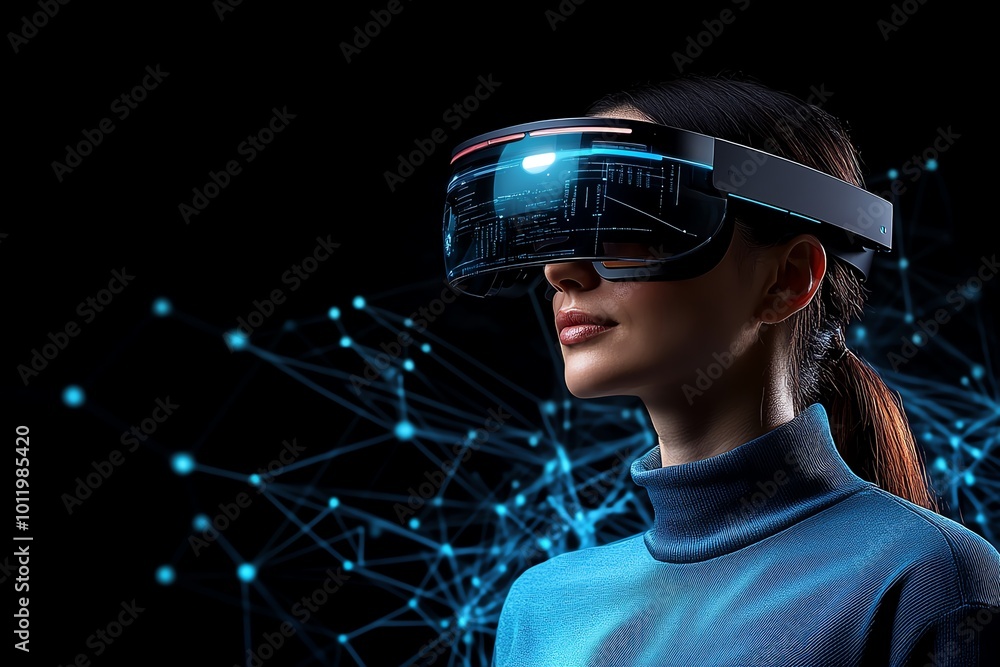 Poster a person wearing advanced augmented reality glasses, standing in a world where digital and physical 