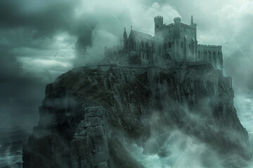 Fototapeta premium A castle is on a rocky cliff overlooking the ocean
