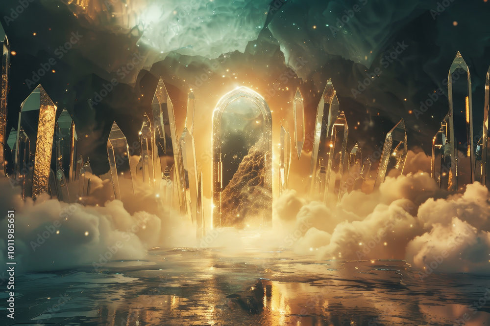 Canvas Prints A fantasy scene with a large crystal archway in the middle of a mountain range