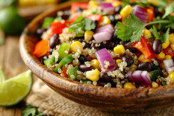 A bowl of food with a variety of vegetables including corn, beans, and peppers