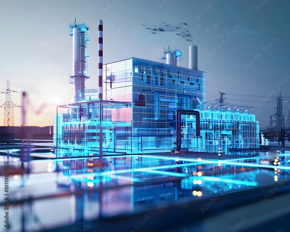 Poster futuristic power plant integrating renewable energy into smart grid system with dynamic output adjus