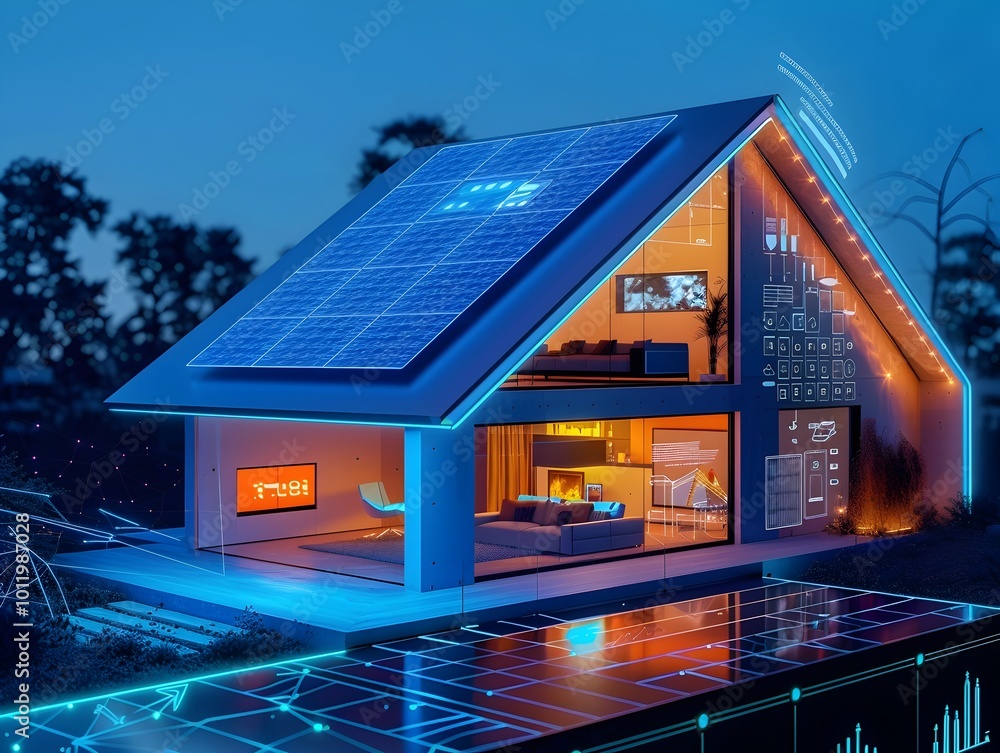 Poster digital dashboard showcasing smart home energy usage solar power and battery storage levels