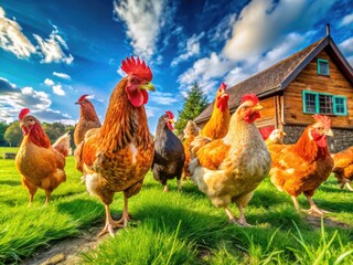 Fototapeta premium Colorful Chickens Roaming Freely in a Sunny Farmyard Setting with Green Grass and Blue Sky
