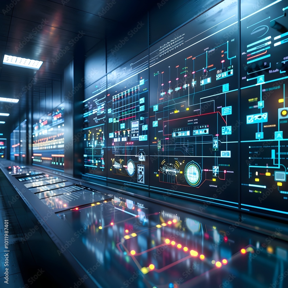Poster futuristic smart grid control center optimizing renewable energy distribution through algorithms