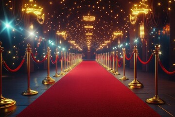 Elegant Red Carpet with Golden Ropes and Ambient Lights