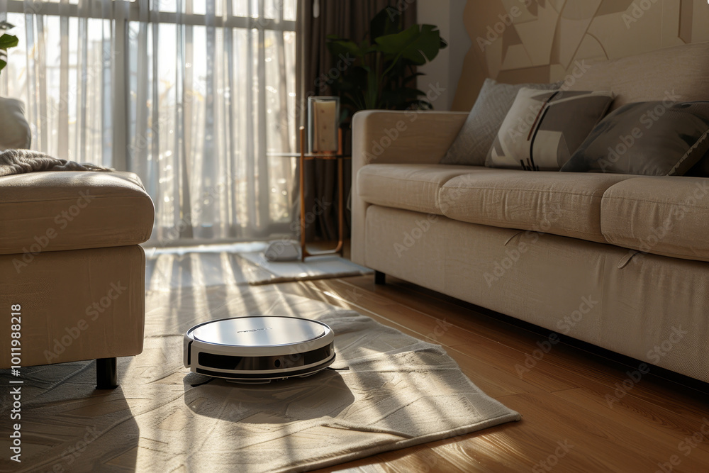 Canvas Prints A robot vacuum cleaner is in a living room with a couch and a plant