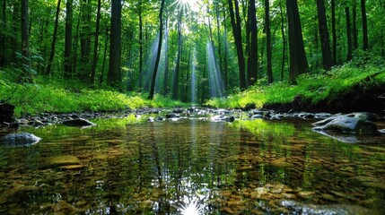A photostock image of a quiet forest clearing with soft sunlight filtering through the leaves and a small stream nearby