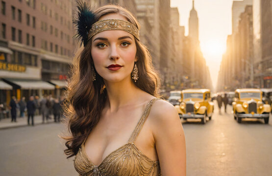 elegant woman stands in the lively streets of 1920s New York City, dressed in a vintage flapper dress adorned with intricate beadwork and a feathered headband. Surrounded by towering Art Deco