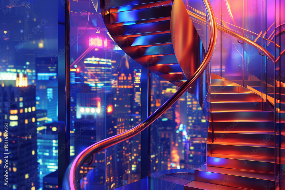 Poster A spiral staircase in a city with a neon sign in the background