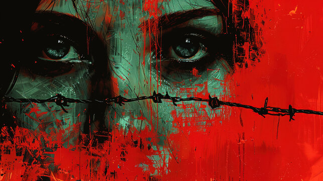 Abstract portrait with barbed wire symbolizing oppression and human rights violations
