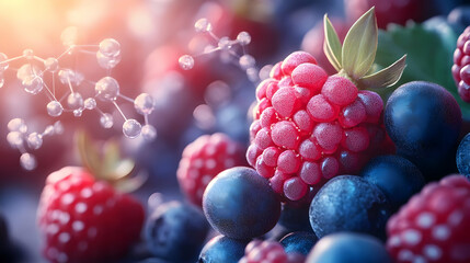 Closeup 3D Illustration of Raspberries and Blueberries with Molecular Structure