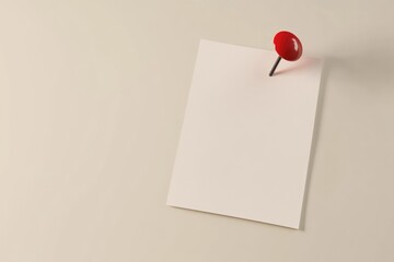 Minimalist Concept: Blank Paper Note with Red Push Pin on Neutral Background for Stationery Design and Office Decor
