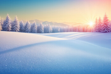 Serene winter landscape with soft sunlight casting warm glow over snow-covered hills. Frosted pine trees line the horizon against pastel skies, creating peaceful and tranquil winter scene