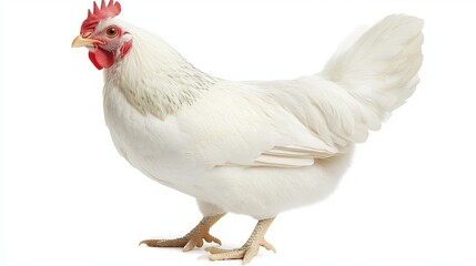 White chicken in smart poultry farming, an economical livestock option in closed system farms. Isolated on white background with clipping path. 