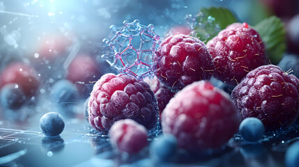 Frozen Raspberries and Blueberries with a Molecular Structure - 3D Illustration