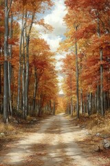 Autumn path through colorful trees with vibrant orange foliage.