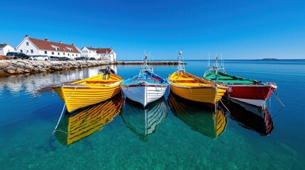 Obraz premium A photostock image of a serene fishing village with colorful boats docked in a quiet harbor