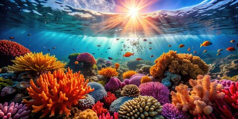 Naklejka premium Colorful Coral Reef with Bubbles Rising in Crystal Clear Water Under Bright Sunlight in Ocean