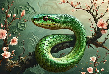 Fototapeta premium Exclusive New Year card, on an elegant background depicts a Chinese green wooden snake - a symbol of 2025, Eastern New Year 2025