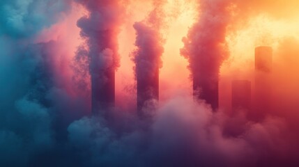 Fototapeta premium Industrial smoke stacks spewing pollution into the sky at sunset, creating a dramatic and colorful scene.