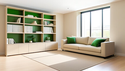beige sofa green pillows sits cabinet bookcase